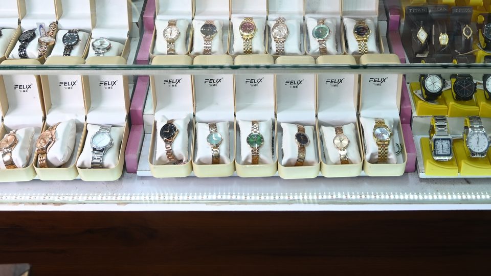Rows of ladies' watches in the display case