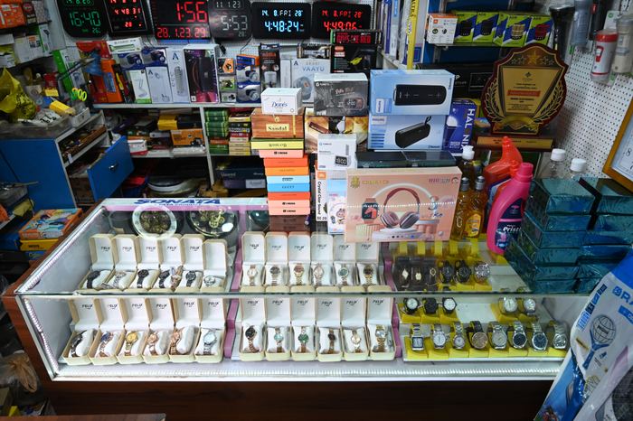 The watch display case at Munna Electronics